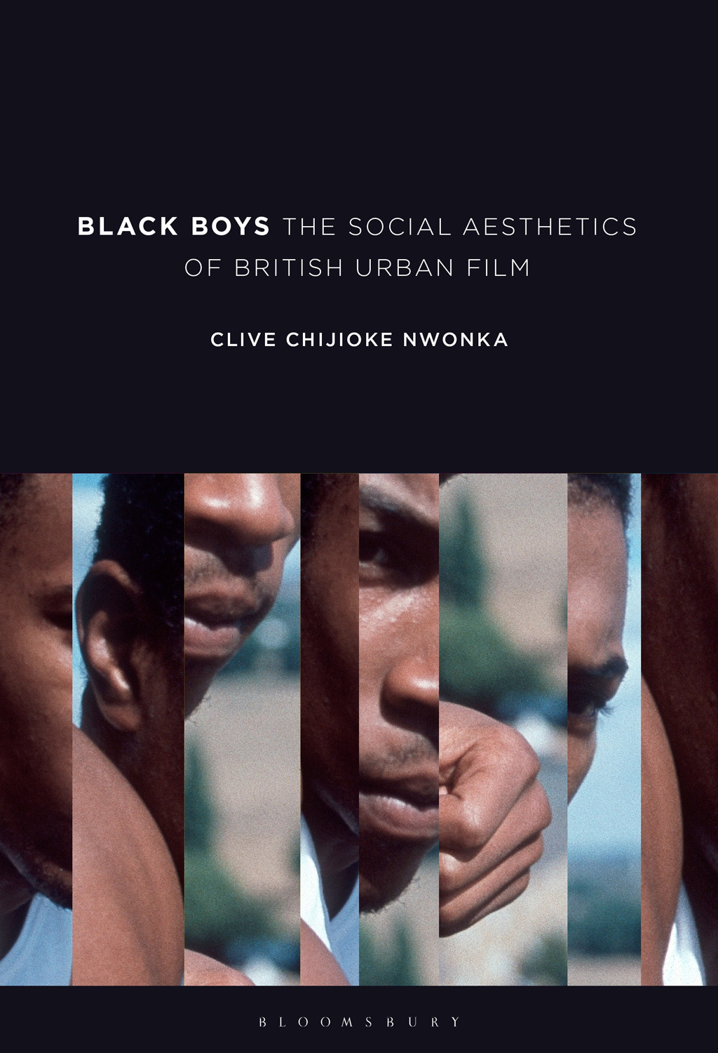 The cover features a collage of close-up images of young Black men's faces, divided by vertical stripes, set against a dark background with the title in bold white text.