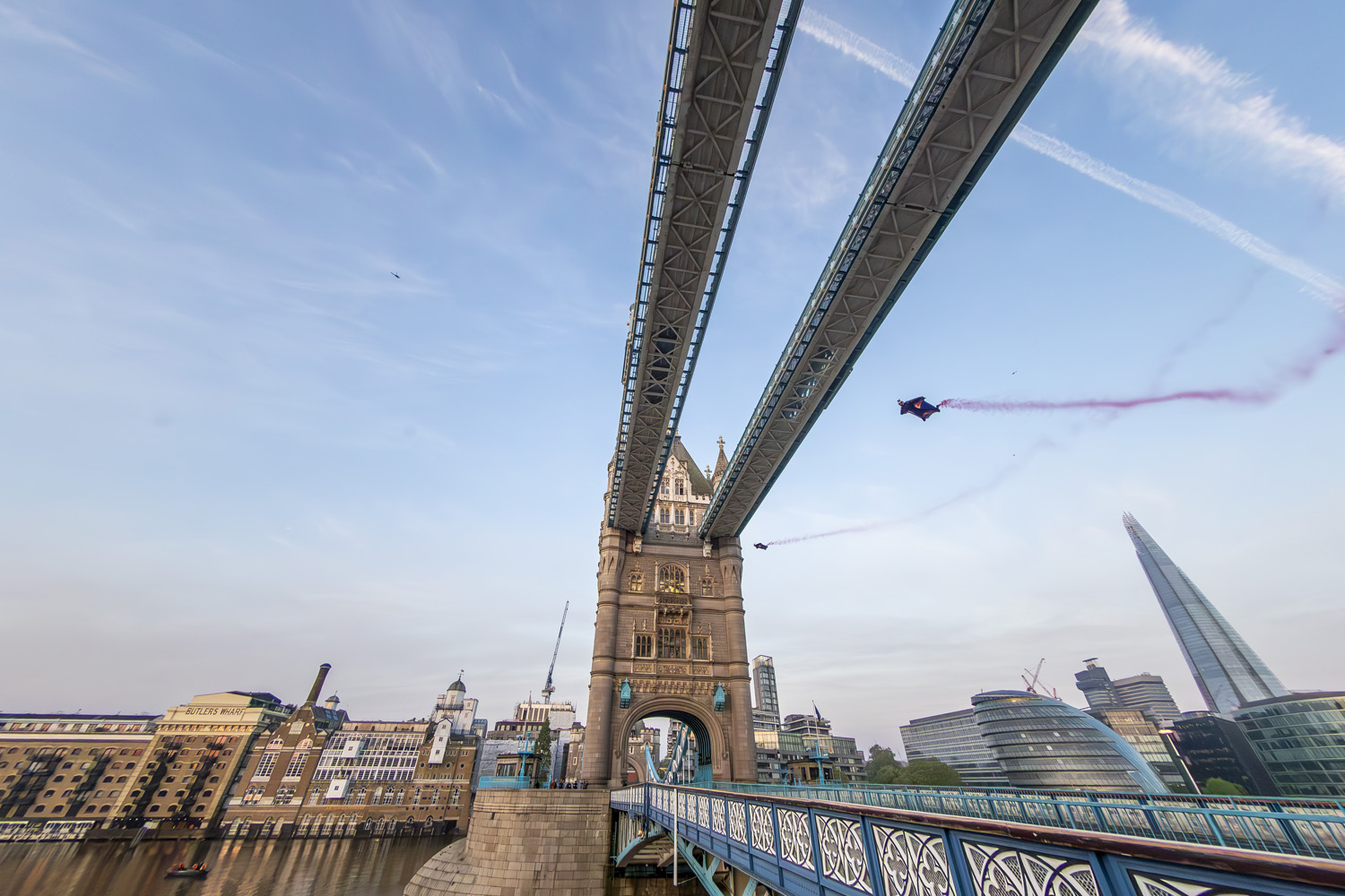 Marco Waltenspiel and Marco Fuerst of Austria fly through Tower Bridge in London, Great Britain on May 12, 2024.