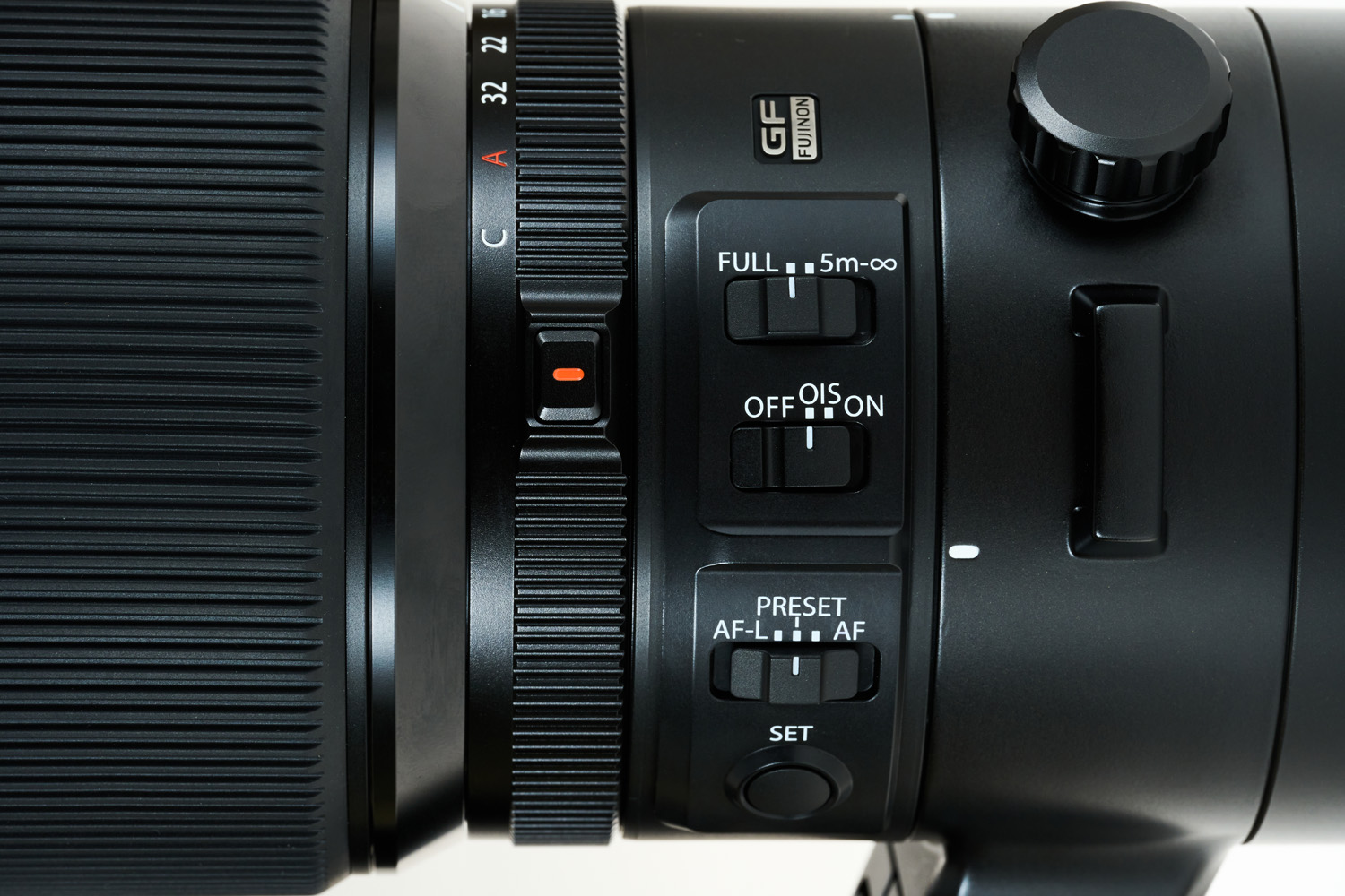 Close up of Fujinon GF500mm f/5.6 lens function buttons