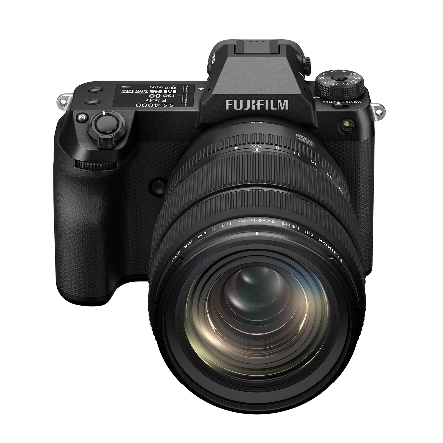 Product shot of Fujifilm GFX100S II camera on white background front view