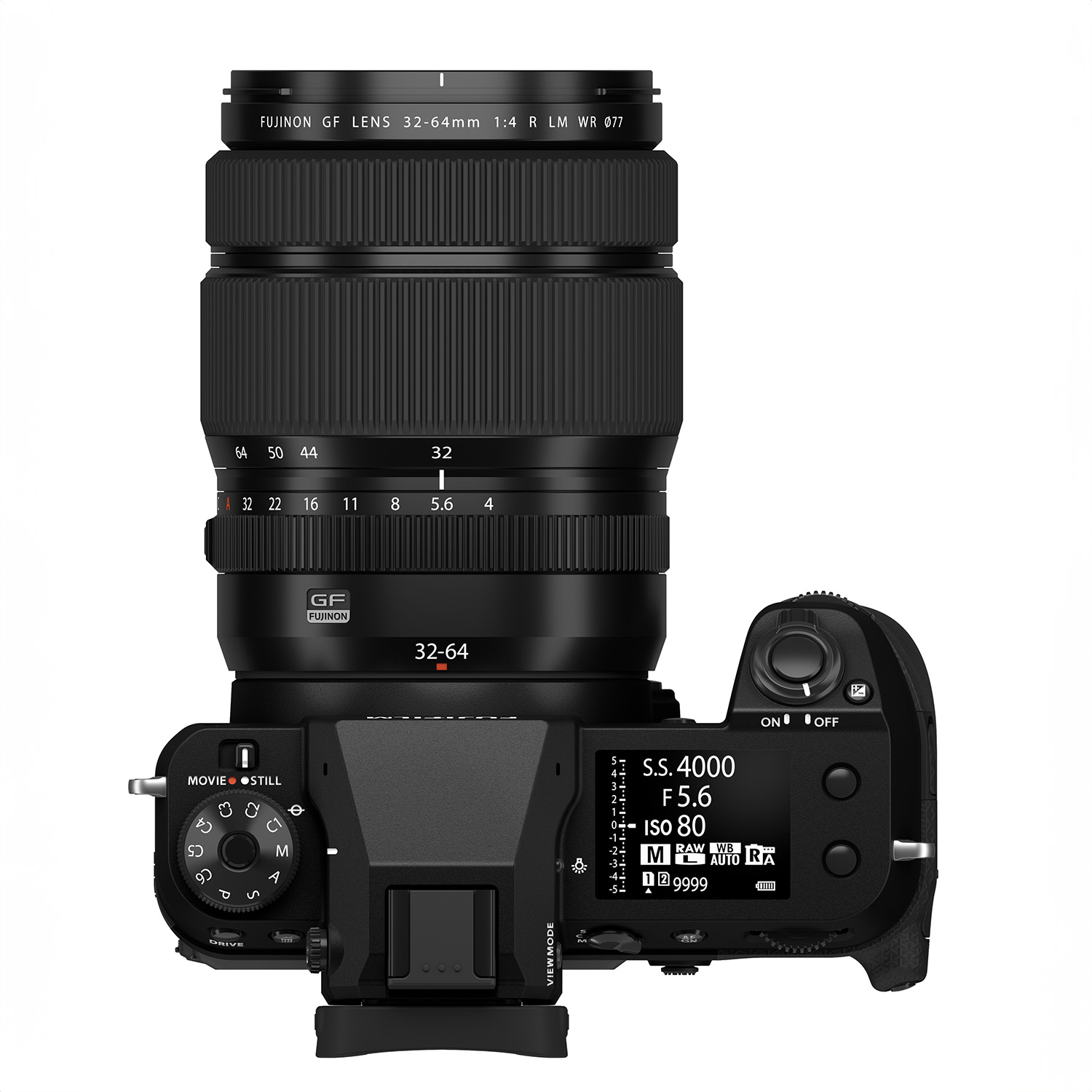 Product shot of Fujifilm GFX100S II camera on white background top down view
