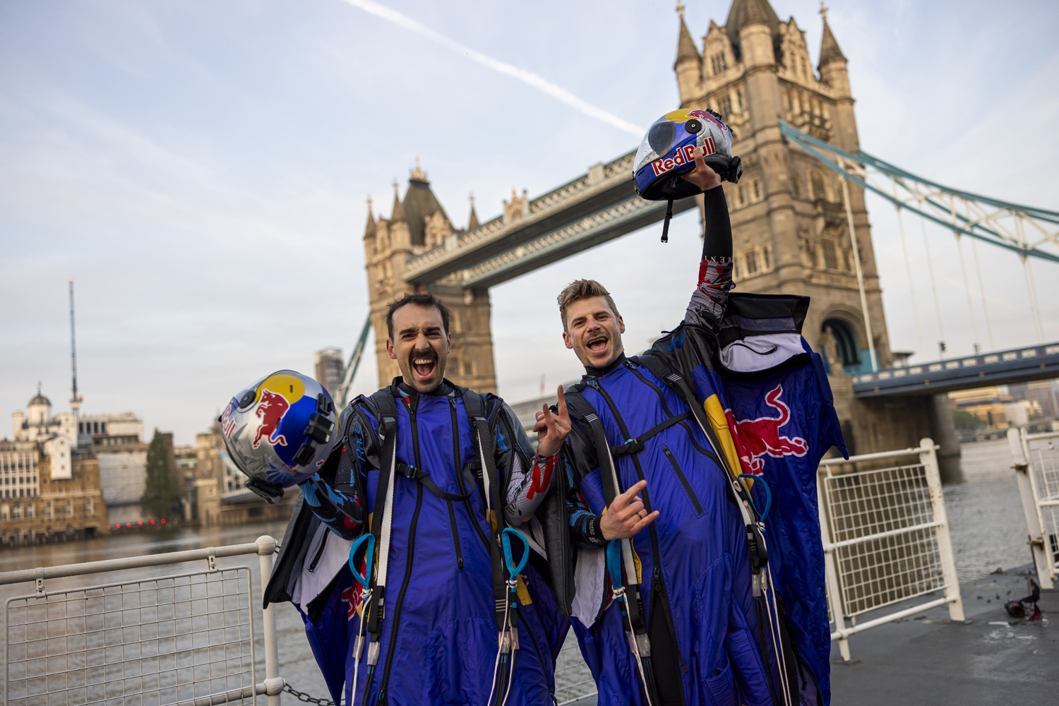 Marco Fuerst and Marco Waltenspiel of Austria are seen after their flight through Tower Bridge in London, Great Britain on May 12, 2024.