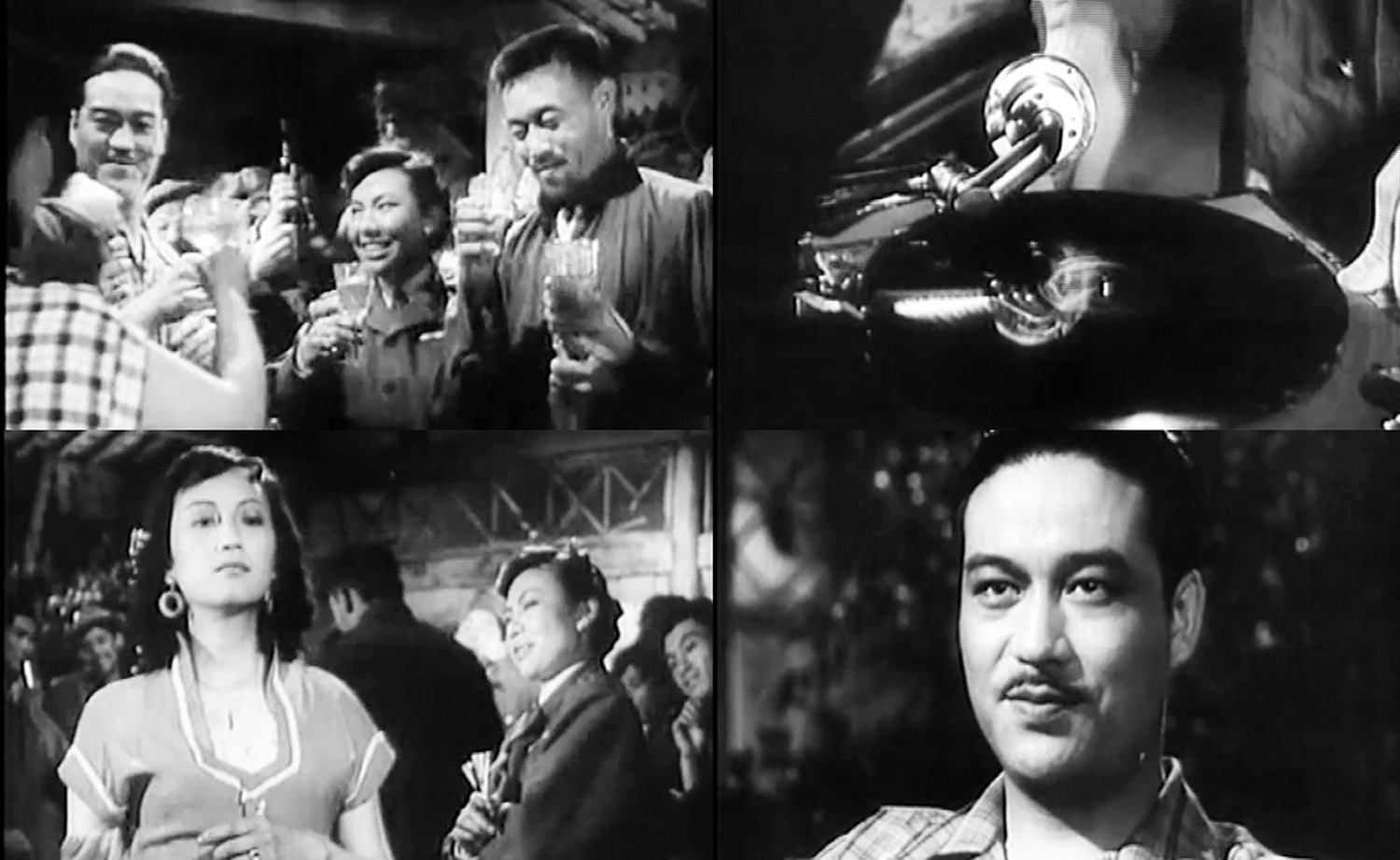 A montage of black and white film stills showing scenes from a social gathering with people drinking, a woman looking pensively, and a man in a party setting, all in a festive atmosphere.