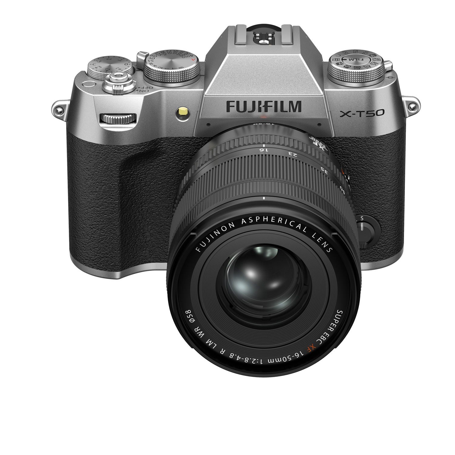 Product shot of Fujifilm X-T50 camera on white background front view