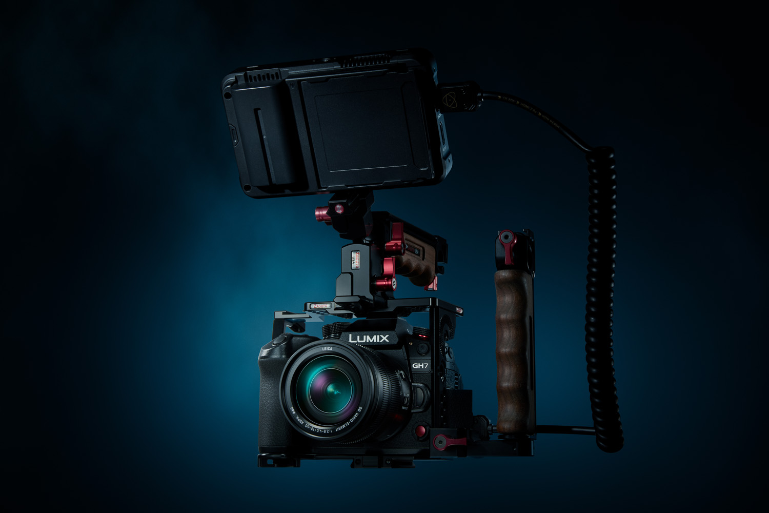 Product photo of Panasonic Lumix GH7 camera with full rig attached.
