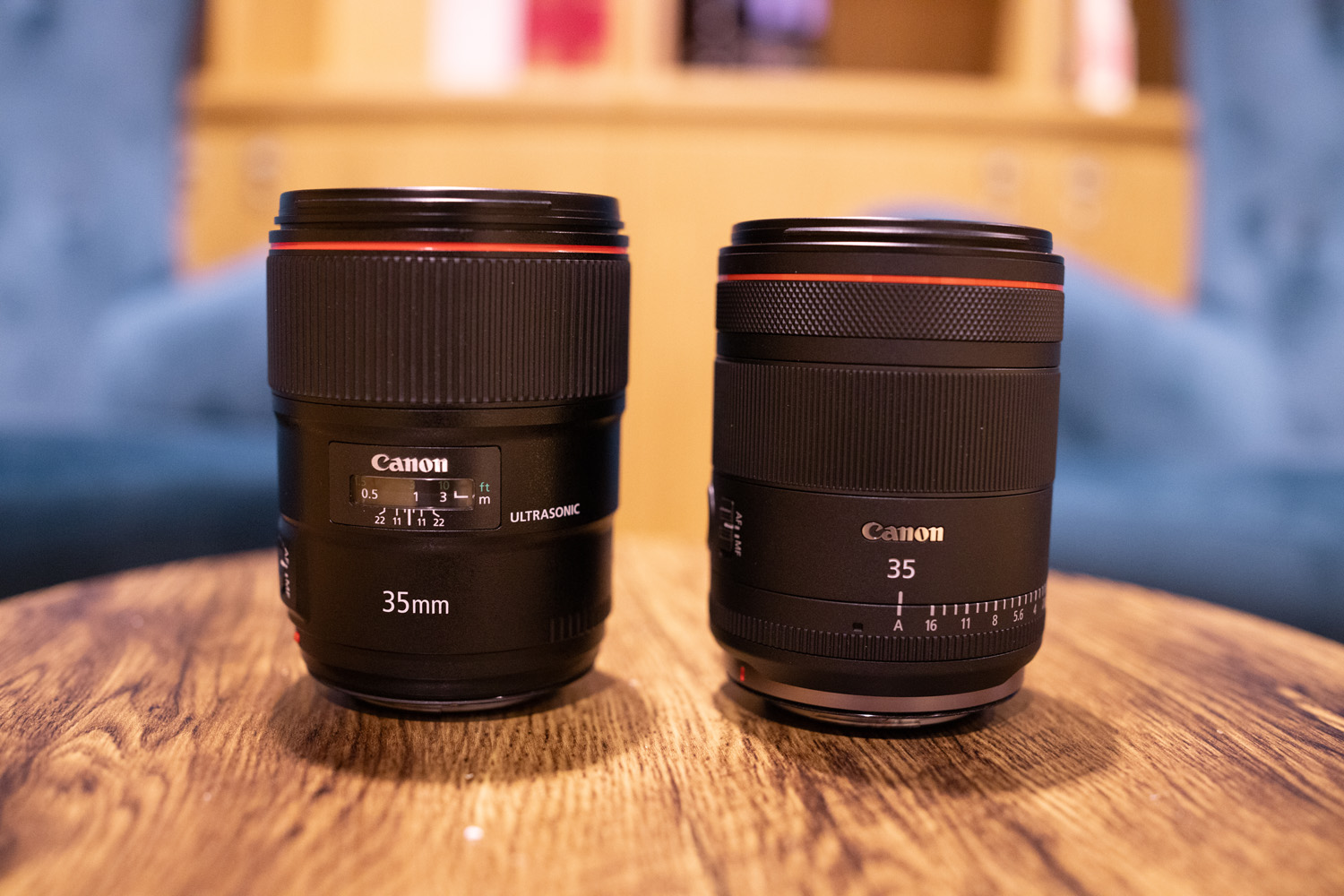 Canon EF 35mm f/1.4L II USM and Canon RF35mm f/1.4 L VCM side-by-side on table