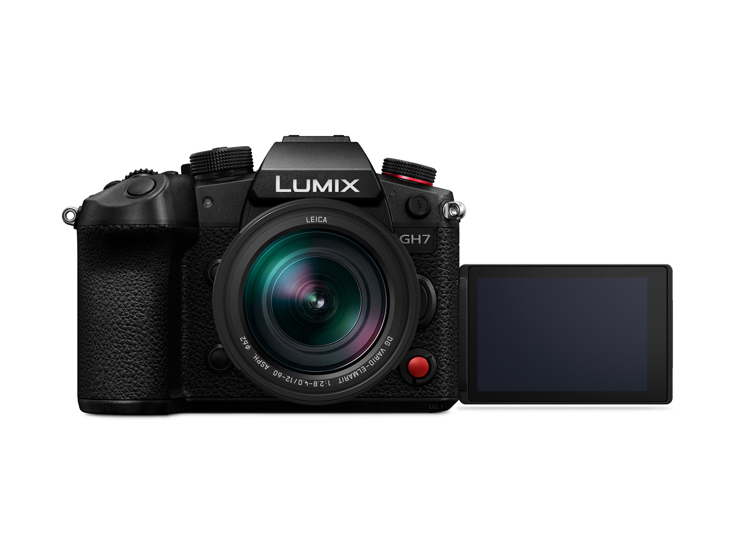 Product photo of Panasonic Lumix GH7 camera on white background with LCD open and flipped for use in selfie-mode