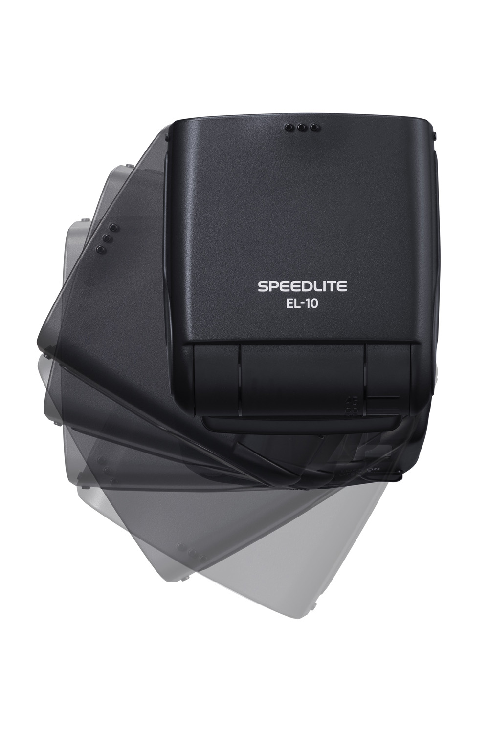 Product photo of Canon Speedlight EL-10 on white background showing swivel head range of movement